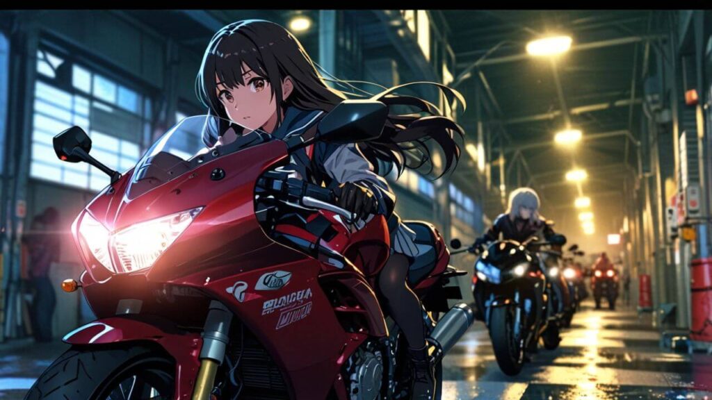 ばいくにまたがる